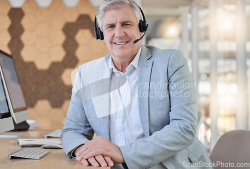 Image of Callcenter, smile and portrait of senior man with headset, computer and confidence in consulting office. Ceo, help desk and mature businessman at advisory agency, contact us and crm networking online