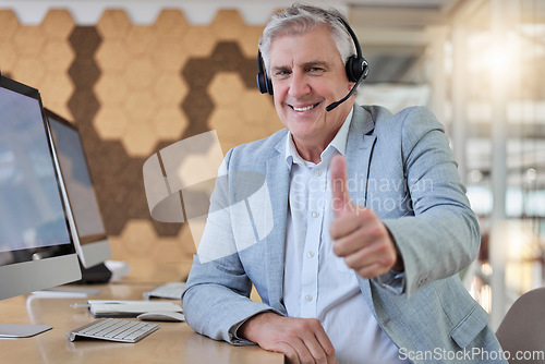 Image of Call center, smile and portrait of senior man with thumbs up, computer and headset in consulting office. Ceo, help desk and mature businessman at advisory agency, contact us and crm networking online