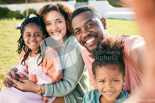 Image of Selfie, black family and parents with kids, smile in backyard and outdoor weekend fun together. Happiness, love and sun, mother and father with happy children relax and quality time in summer garden.