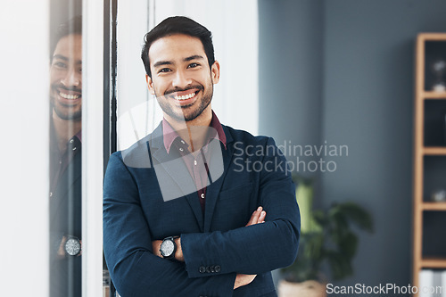 Image of Portrait, leaning and business man happy for startup law firm, corporate development or company success. Happiness, office and Taiwan lawyer with pride in career vocation, job or professional growth