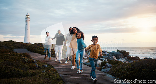 Image of Family, walking or sunset with parents, black kids and grandparents spending time together in nature. Spring, love or environment with children and senior relatives taking a walk while bonding