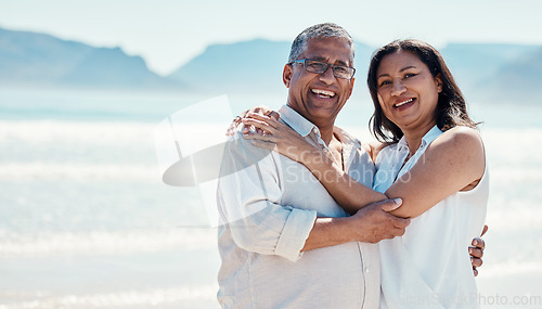 Image of Love, portrait and old couple hug on beach, embrace and romance in happy relationship and mockup. Romantic retirement vacation, senior woman and man hugging on ocean holiday travel with smile on face