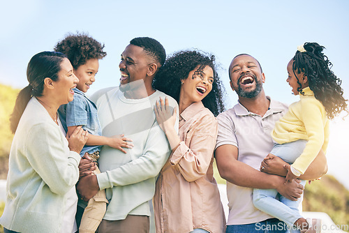 Image of Love, children and black family laughing in the garden of a home together, having fun outdoor during summer. Laughter, park or comic with parents, grandparents and kids bonding or joking outside