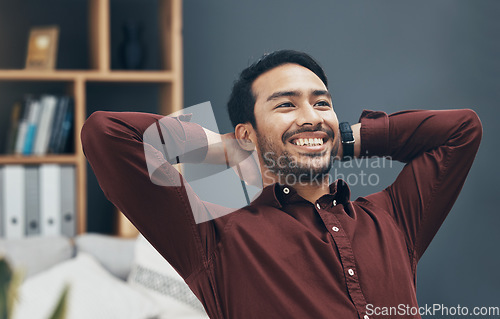 Image of Relax, smile and business man in office after completing project or task in workplace. Success, calm thinking and happy male professional relaxing or resting after finishing working goals or targets.