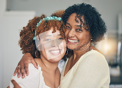 Image of Mother, grandmother and portrait at home with happiness and bonding together in a house. Happy woman, senior female and smile of a mom and grandma on mothers day with a hug, love and care in lounge