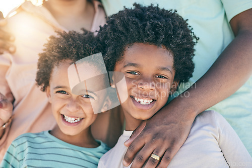 Image of Portrait, children and boys siblings with parents smile, happy and excited for vacation or holiday with family outdoors. Kids, faces and African American young people joyful and relax on a trip