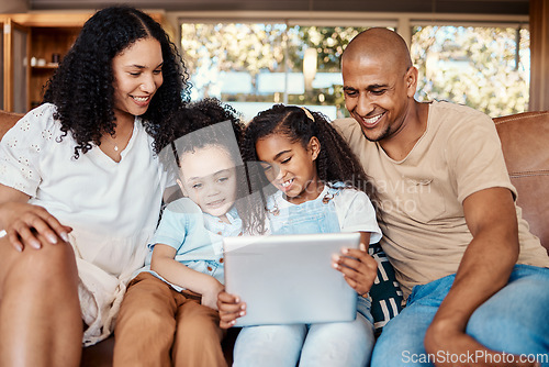 Image of Tablet, happy family and kids with online video, movies or cartoon together for love, learning or bonding. Biracial mother, father and children watch film, show and relax on digital tech for holiday