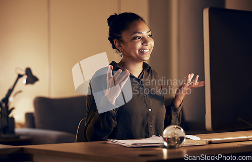 Image of Computer video call, night or woman explain idea, proposal or plan on online conference with investment contact. Networking, conversation or business person talking, speaking or discussion on webinar