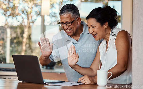 Image of Laptop, wave and senior couple on video call in home, laughing and talking to contact. Technology, computer and happy, elderly and retired man and woman waving in virtual or online chat for greeting.