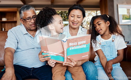 Image of Children book, reading smile and grandparent helping kids with learning and story. House, living room and black family on a lounge couch with happiness and books together with love and support