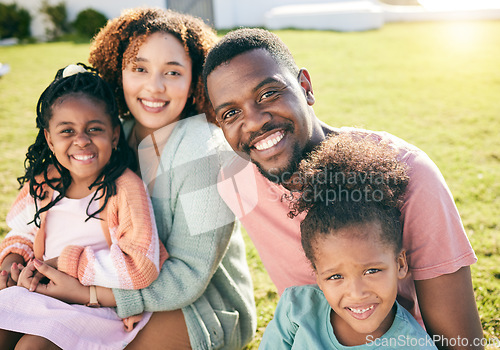 Image of Family, relax on lawn in summer and smile in portrait, happiness with parents and children outdoor. Happy people sitting on grass, love and comfort with mother, father and kids in garden bonding