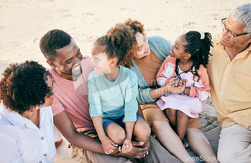 Image of Big family, grandparents or children at beach to relax with girls or siblings on summer holiday together. Happy African dad, mom or young kids love bonding or relaxing with grandmother or grandfather