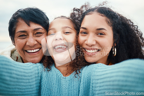 Image of Happy family, portrait and selfie by girl with mother and grandmother outdoors together. Travel, face and picture with females on vacation in Bali, relax and bonding, carefree and embracing for photo
