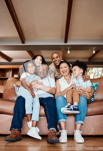 Image of Love, portrait and happy big family relax, bonding and enjoy quality time together on house living room sofa. Happiness, home reunion and senior grandparents, parents and children smile in Costa Rica