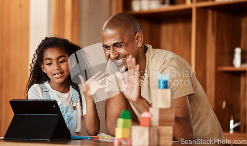 Image of Education, video call and family with father and kid on tablet for online home school, remote elearning or child development. E learning, virtual lesson and happy student study with parent in class