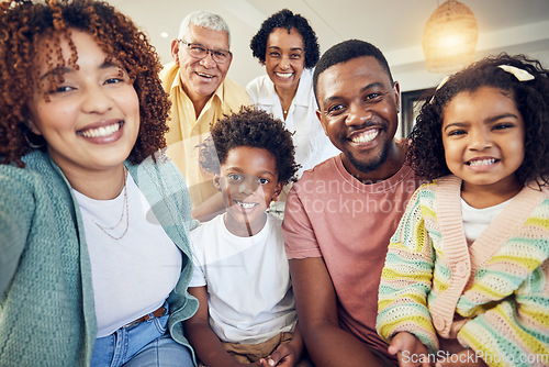 Image of Happy, smile and selfie with black family in living room for social media, bonding and relax. Happiness, picture and generations with parents and children at home for memory, support and weekend
