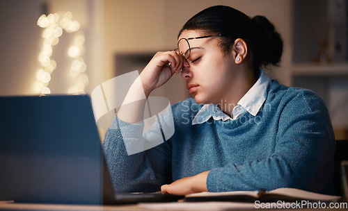 Image of Night, business and woman with headache, stress and deadline for new project, schedule and burnout. Female employee, manager and entrepreneur overworked, mental health and depression in workplace