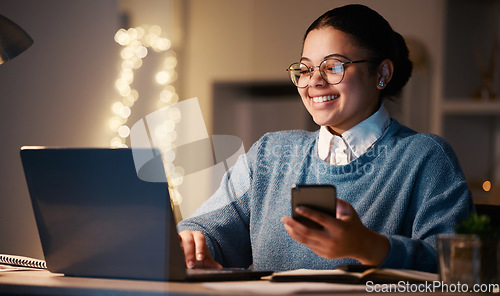 Image of Woman, phone and student with laptop in home for web browsing, project or studying at night. Bokeh, mobile and smile of happy business female, freelancer or remote worker with computer for research.