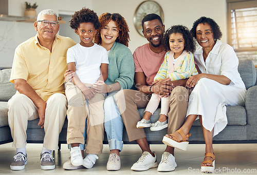 Image of Family portrait, generations and love with trust and support at home, grandparents and parents with kids. Relax in living room, happy people together with unity and bonding, diversity and care