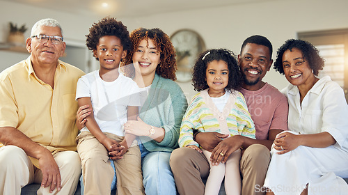 Image of Family portrait, generations and love with care and support at home, grandparents and parents with kids. Relax in living room, happy people together with unity and bonding, diversity and trust