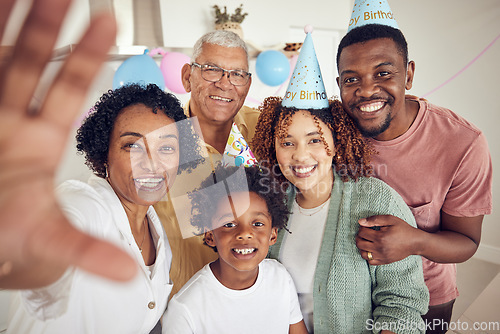 Image of Big family, selfie smile and birthday portrait in home, having fun at party or celebration. Interracial, love or father, mother and kid with grandparents taking photo for happy memory or social media