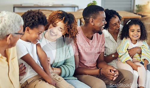 Image of Family, generations and love with happiness and support at home, grandparents and parents with kids. Relax in living room, happy people together with unity and bonding, care with diversity and trust