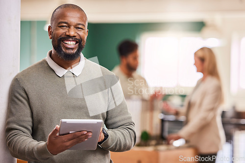 Image of Black man, tablet and smile in portrait at startup, scroll device and happy with tech, communication and app. Social media, email and networking with businessman, web design or IT at digital agency