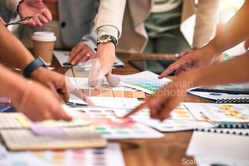 Image of Creative meeting, color and hands of business people on desk for branding logo, strategy and marketing design. Teamwork, collaboration and designers brainstorming ideas, thinking and planning project