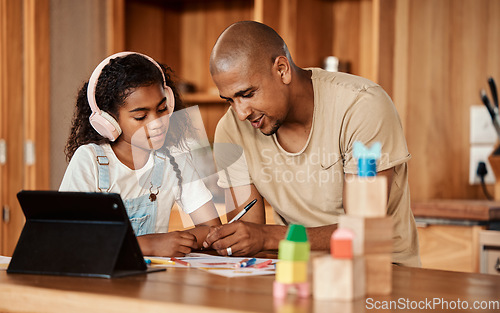 Image of Tablet, home education and father with kid for translation, language learning and elearning headphones or electronics. Family, dad or man and girl child helping, support or teaching sound development