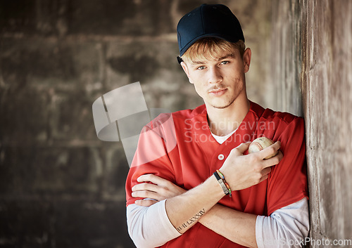 Image of Ball, baseball and serious portrait of man with ball ready for game, match and practice in stadium. Softball mockup space, sports and male player in dugout for training, exercise and competition