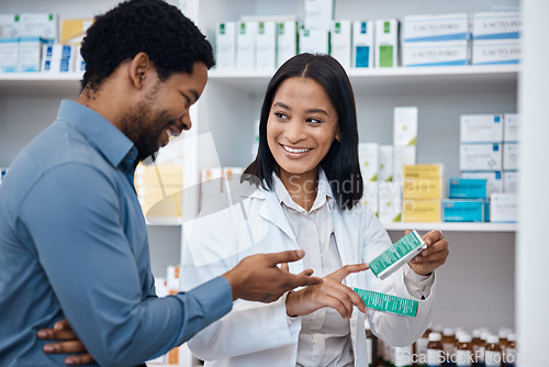 Image of Pharmacy product, customer or woman helping man with pills choice, pharmaceuticals decision or medicine shopping. Hospital retail shop, drugs store client or pharmacist for medical healthcare support