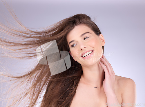 Image of Beauty, hair and breeze with a model woman in studio on a gray background for haircare or keratin treatment. Shampoo, salon and natural with an attractive young female posing in a wind on a wall