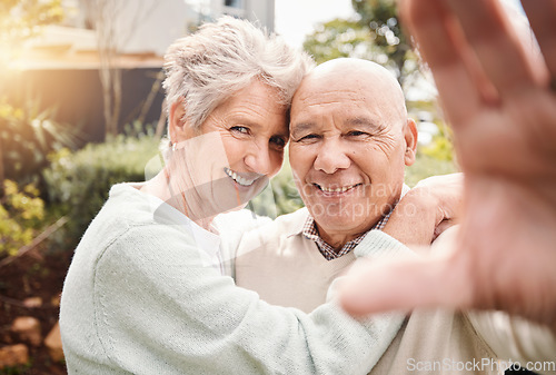 Image of Portrait, selfie smile and senior couple hug outdoors in nature, bonding and laughing. Photographer, retirement and elderly man and woman taking pictures for social media, happy memory and love.