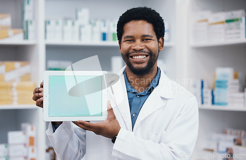 Image of Pharmacist man, tablet and green screen in mockup portrait for medicine, retail healthcare and wellness. African pharma expert, touchscreen ux and space for sales, health logo or product placement