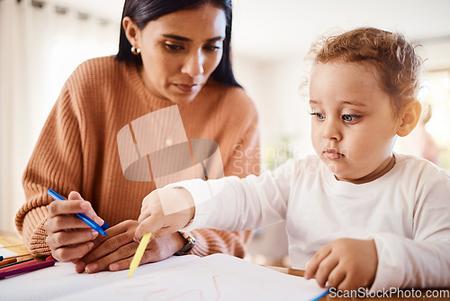 Image of Home school, learning and mother doing an activity with her child for education and childhood development. Knowledge, homework and young mom teaching her toddler kid to do a creative drawing or write