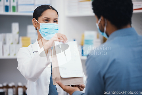 Image of Pharmacy product, face mask and woman with customer for pills prescription, medical supplements and medicine. Healthcare, covid and pharmacist giving man bag of medicare package, drugs and medication