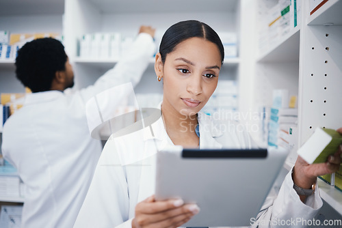 Image of Pharmacist, woman or digital tablet for pills check, stock take or medical research in drugs store. Smile, happy or pharmacy worker on technology for medicine, checklist or ecommerce healthcare order