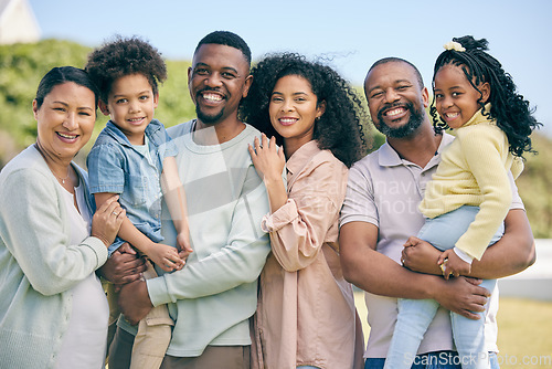 Image of Portrait of grandparents, parents and children in garden for bonding, quality time and relax together. Black family, love and happy mother, father and kids enjoy holiday, summer vacation and weekend