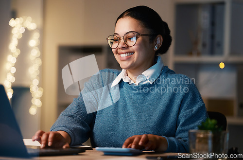 Image of Laptop, accountant and business woman with calculator in office at night working on bookkeeping, tax or budget. Bokeh smile, accounting and happy female professional calculating finance with computer