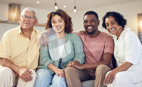 Image of Big family, smile and portrait in home living room, joy and having fun together on sofa. Interracial, love and happy grandfather, grandmother and couple smiling in lounge and enjoying holiday time.