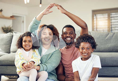 Image of Family, portrait and security, love and insurance for protection with parents and children. Hands together, roof and happy people in living room, unity and safety for life and home cover with smile