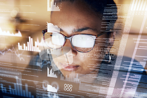 Image of Future screen, statistics and night woman reading data analysis of fintech insight hud, administration or bank accounting. Financial analyst, face overlay and African accountant review business chart