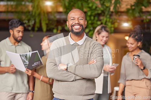 Image of Black man, portrait smile and arms crossed in leadership for meeting, teamwork or collaboration at office. Happy businessman, leader or coach smiling in management for team planning and brainstorming