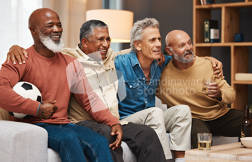 Image of Senior, friends and watching football on tv, relax or drinking beer, bonding or laughing. Comic, funny and happy elderly men streaming soccer on television having fun on sofa in living room in home