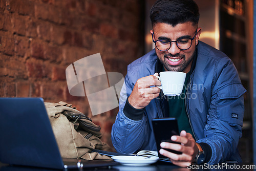 Image of Black man, phone and coffee shop in the morning looking at a social media meme with happiness. Online communication, networking and cafe remote working of a freelance writer on mobile networking