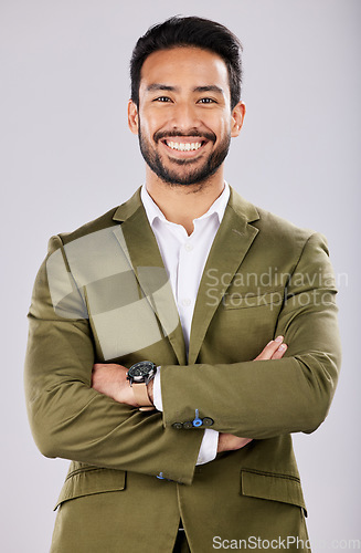 Image of Leadership, smile and portrait of business man on white background for success, power mindset and confidence. Corporate fashion, ceo and happy male with crossed arms in professional clothes in studio