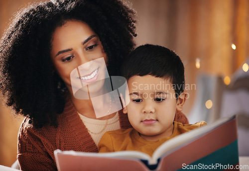 Image of Night, book and mother with child reading for bedtime storytelling, fairytale and education. Relax, happiness and smile with boy listening to woman at home for learning, creative and literature