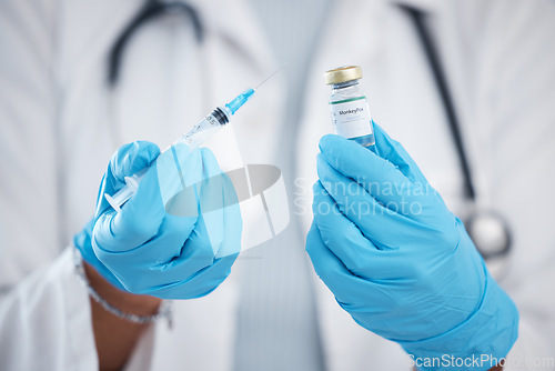 Image of Vaccine for monkey pox, doctor and syringe in hands for vaccination or booster shot in hospital. Zoom, needle and bottle, science with medical innovation for virus protection and safety in medicine.