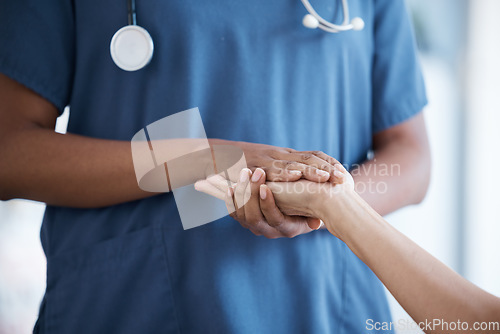 Image of Hope, black woman or nurse holding hands in hospital consulting for medical test news or results for sympathy. Empathy, trust or zoom of doctor in healthcare clinic nursing or helping sick patient