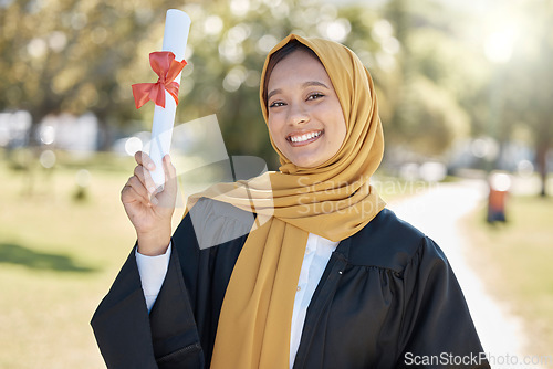 Image of College graduation portrait of muslim woman with education certificate, learning success and university achievement. Islamic student or young hijab person and study diploma at campus, park or outdoor